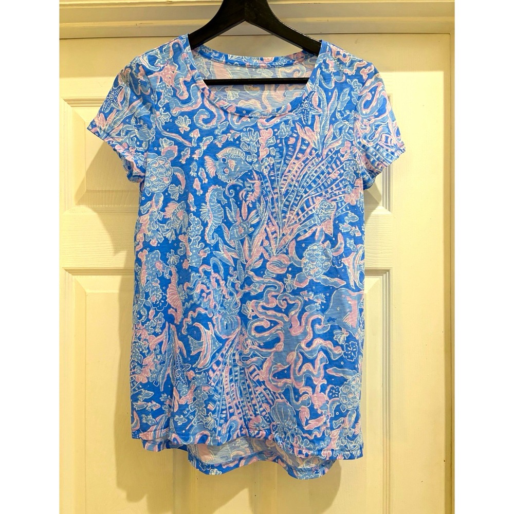 Lilly Pulitzer Women's XS Blue Pink White Floral Jersey Scoop Neck T-Shirt
